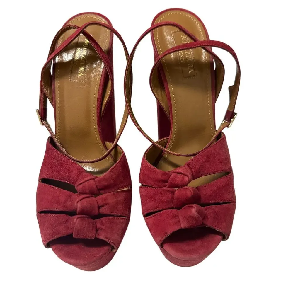 Aquazzura Mira Red Suede Platform Heels IT 37.5 US 7.5 Block Slingback Sandals
